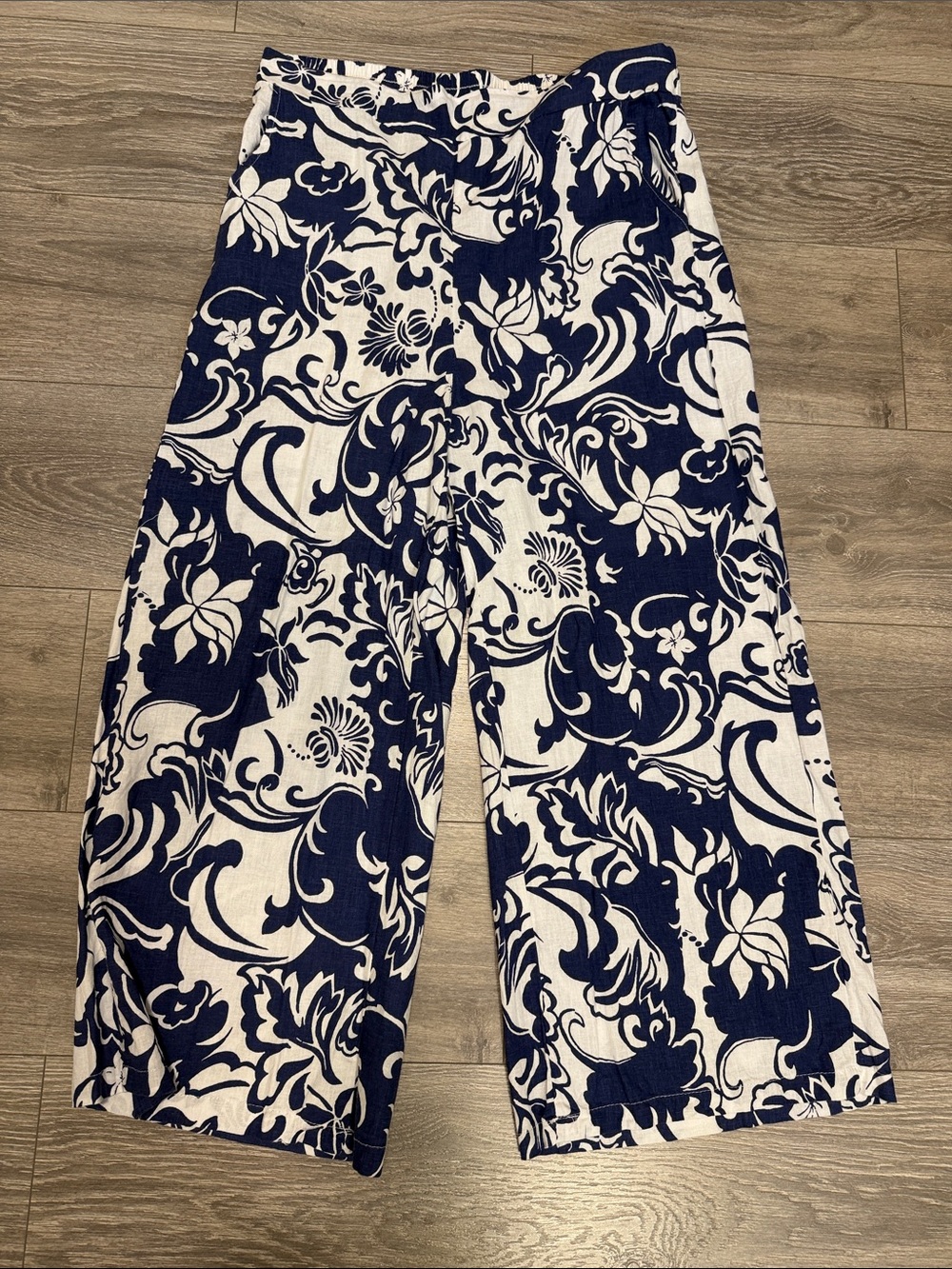 Christian Siriano Navy Pattern Linen Blend Pants L